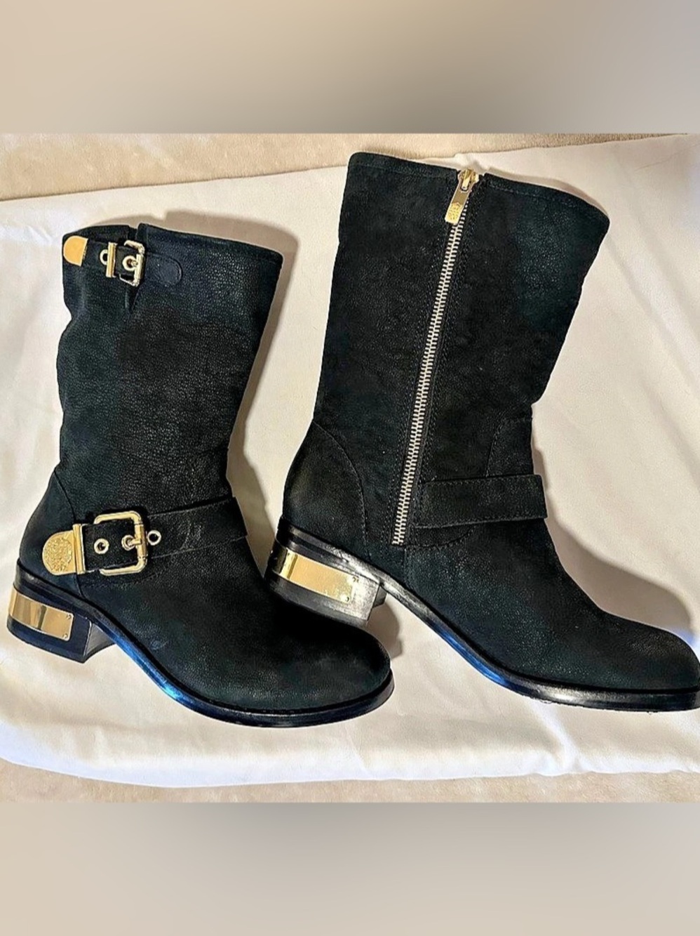 Vince Camuto Suede Leather Black Boots with Gold Accents